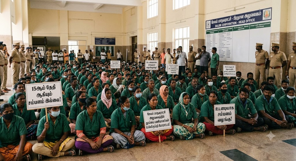 15ஆம் தேதி ஆகியும் சம்பளம் இல்லை! சேலம் மாநகராட்சி அலுவலகத்தில் தூய்மை பணியாளர்கள் உள்ளிருப்புப் போராட்டம்!