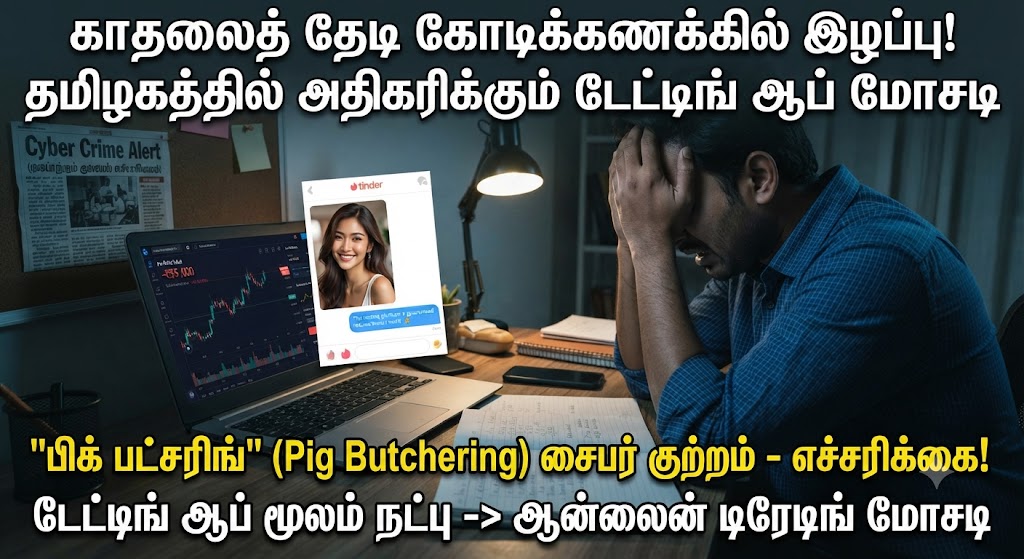 காதலைத் தேடிய ஆண்களை குறிவைத்து கோடிக்கணக்கில் மோசடி – தமிழகத்தில் அதிகரிக்கும் ‘Pig Butchering’ சைபர் குற்றம்! டேட்டிங் ஆப் மூலம் நட்பு... பின்னர் ஆன்லைன் டிரேடிங் மோசடி