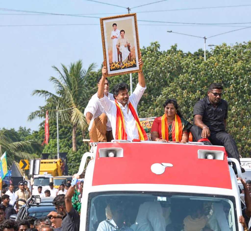 ‘SIGMA’... மகன் இயக்கிய படத்தின் பெயர் கொண்ட போட்டோ ஃபிரேமை தலையில் தூக்கிக் காட்டிய முதலமைச்சர் விஜய்!