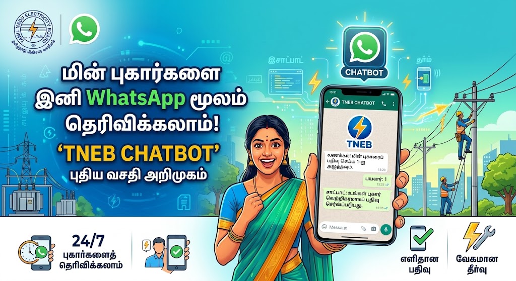 மின் புகார்களை இனி WhatsApp மூலம் தெரிவிக்கலாம்! – ‘TNEB CHATBOT’ புதிய வசதி அறிமுகம் 24×7 செயல்படும் வசதி – 94987 94987 என்ற எண்ணில் புகார் பதிவு செய்யலாம்