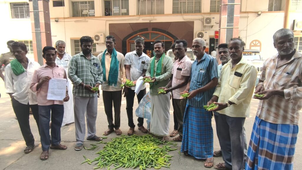 வெண்டைக்காயை ஆட்சியர் அலுவலகம் முன்பு கொட்டி விவசாயிகள் போராட்டம்! கிலோ ரூ.5-க்கு கூட விலை கிடைக்காததால் வேதனை