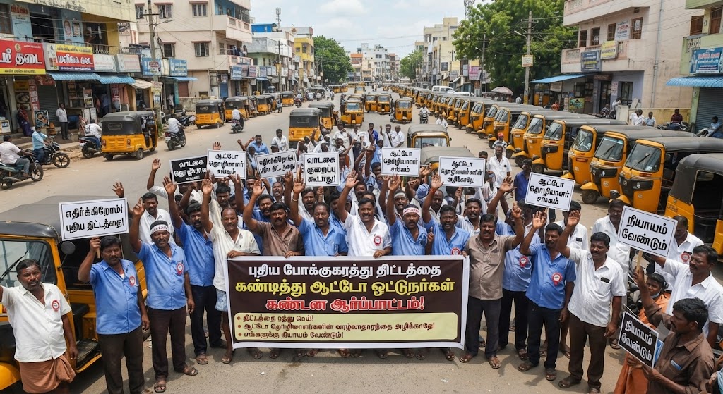 எங்கள் வாழ்வாதாரம் பாதிக்கிறது! – வெற்றிப் பயணத் திட்டத்துக்கு எதிராக ஆட்டோ ஓட்டுநர்கள் போராட்டம்!