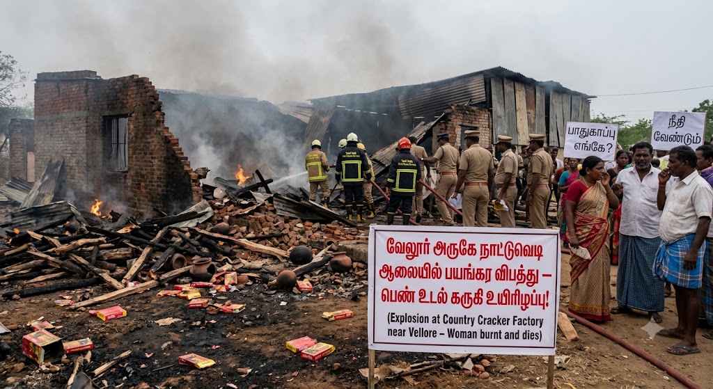 வேலூர் அருகே நாட்டுவெடி ஆலையில் பயங்கர விபத்து – பெண் உடல் கருகி உயிரிழப்பு!