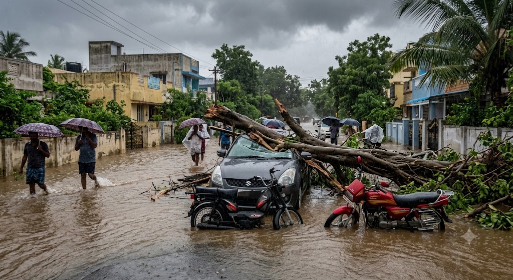 கோவை புறநகர் பகுதிகளில் கனமழை: சாலைகளில் பெருக்கெடுத்த மழைநீர் – மரம் சாய்ந்து கார் சேதம்; நீரில் மூழ்கிய இருசக்கர வாகனங்கள்!