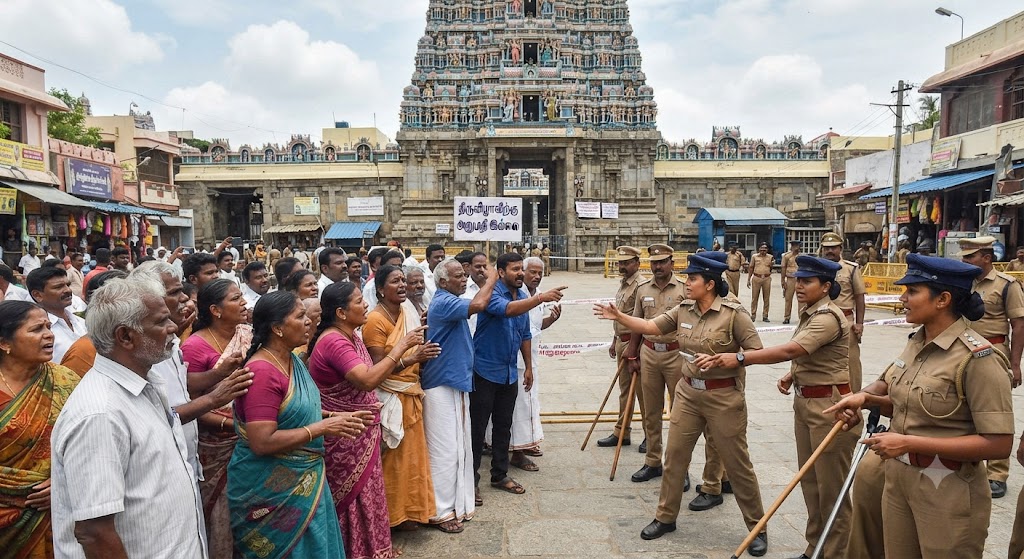 திருப்பரங்குன்றம் மலை விழாவுக்கு அனுமதி கிடைக்காததால் பரபரப்பு – கோவில் வாசலில் காவல்துறையினருடன் பொதுமக்கள் வாக்குவாதம்!