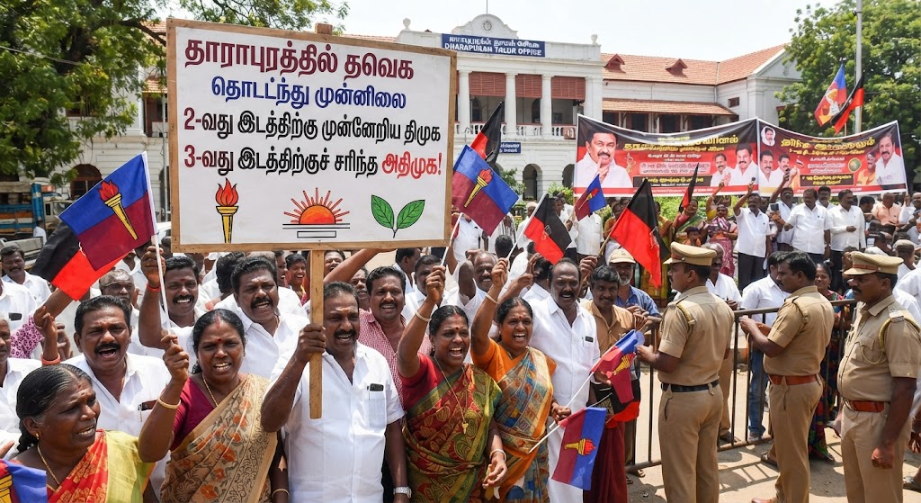 தாராபுரத்தில் தவெக தொடர்ந்து முன்னிலை – 2-வது இடத்திற்கு முன்னேறிய திமுக; 3-வது இடத்திற்குச் சரிந்த அதிமுக!