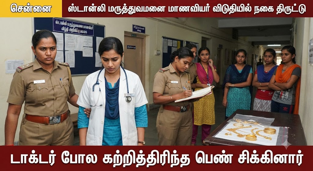 ஸ்டான்லி மருத்துவமனை மாணவியர் விடுதியில் நகை திருட்டு..! டாக்டர் போல சுற்றித்திரிந்த பெண் சிக்கினார்